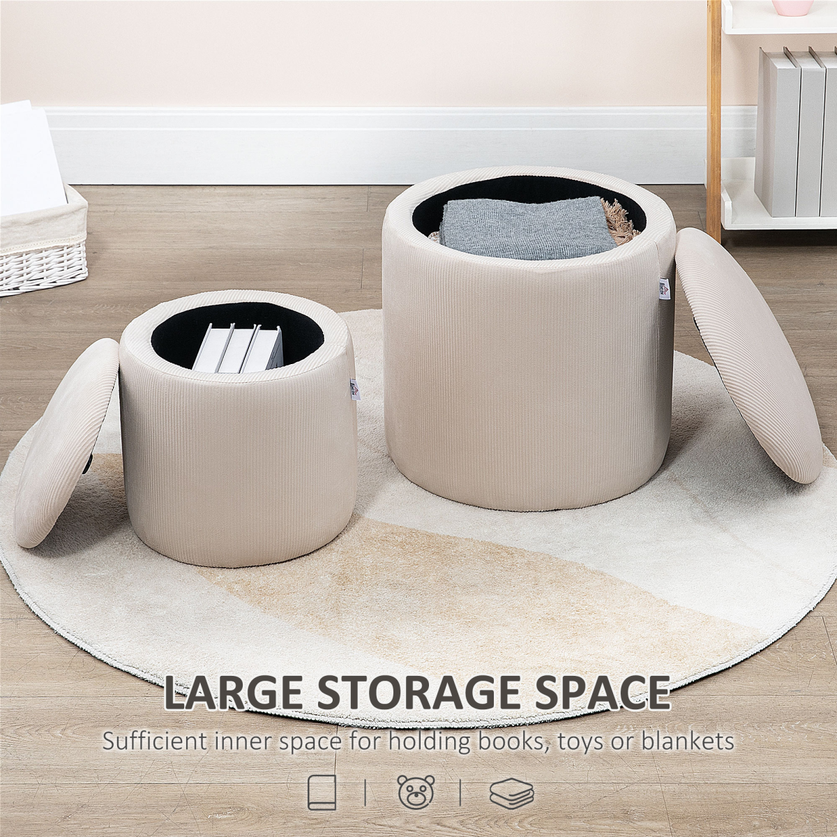 Set of 2 cream white HOMCOM modern fabric storage ottomans with removable lids, versatile for living room or bedroom decor.