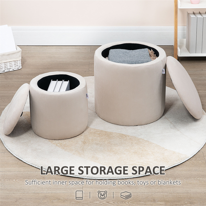 Set of 2 cream white HOMCOM modern fabric storage ottomans with removable lids, versatile for living room or bedroom decor.