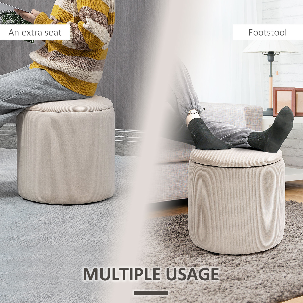 Set of two cream white HOMCOM fabric storage ottomans with removable lids, modern design, versatile for living room or bedroom storage.