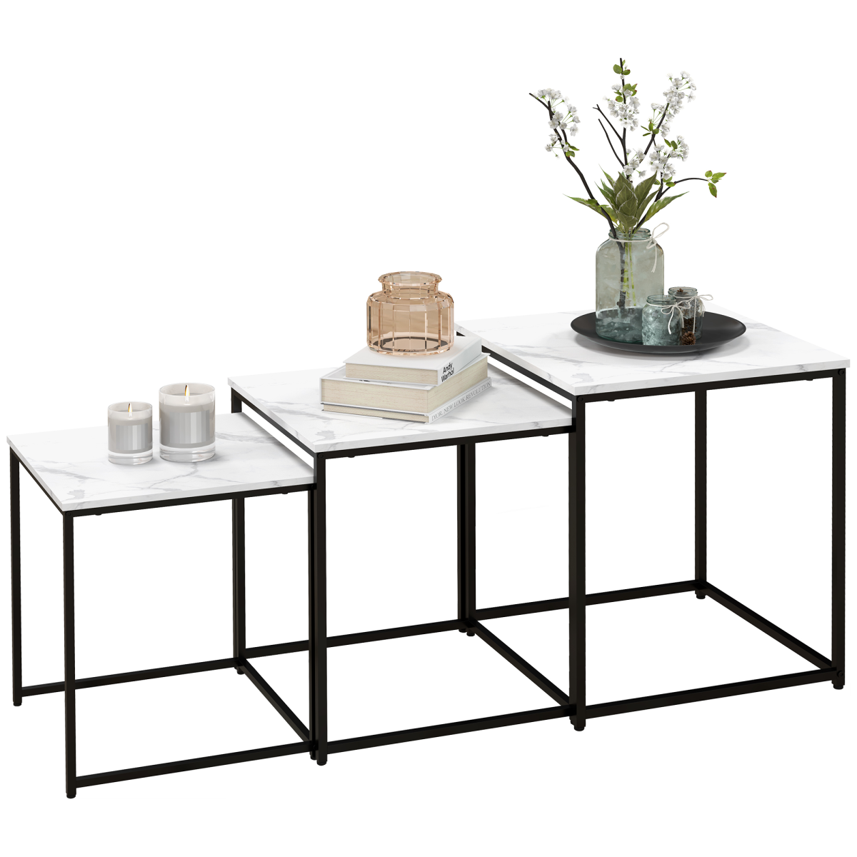 Set of three white HOMCOM nesting coffee tables with sleek modern design, perfect for living room decor and space-saving functionality.