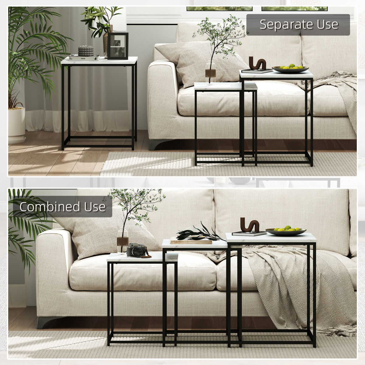 Set of three white nesting coffee tables by HOMCOM, featuring modern design and versatile use in living rooms.
