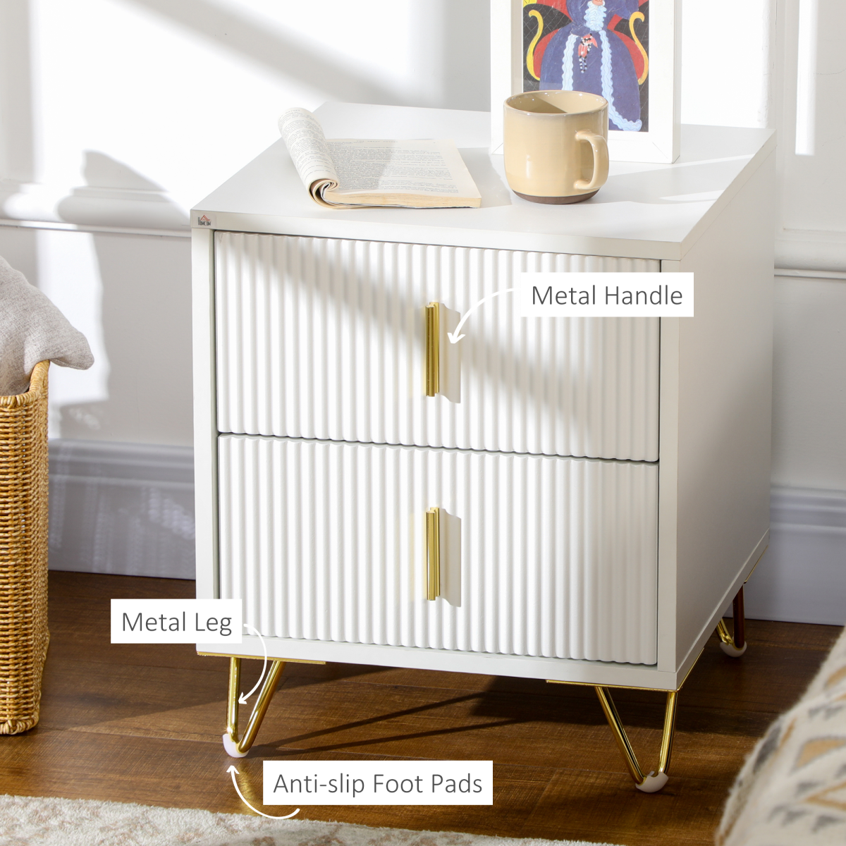 HOMCOM nightstand with 2 drawers, side end table for living room or bedroom, wooden surface and modern design.