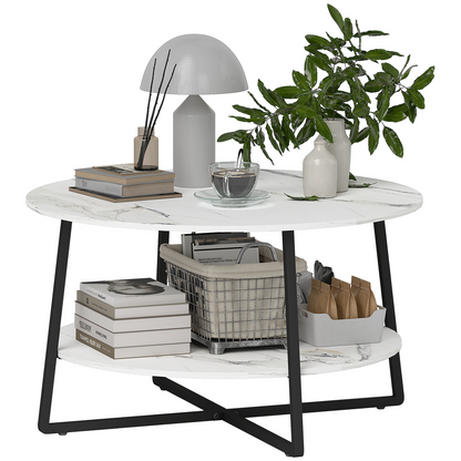 HOMCOM round coffee table with marble effect white finish and built-in storage shelf, modern living room furniture.