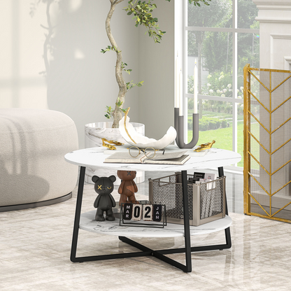 HOMCOM round coffee table with storage shelf, featuring a stylish white marble effect surface and sleek modern design.