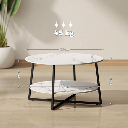 HOMCOM round coffee table with storage shelf featuring a white marble effect finish, modern design, and smooth surface.