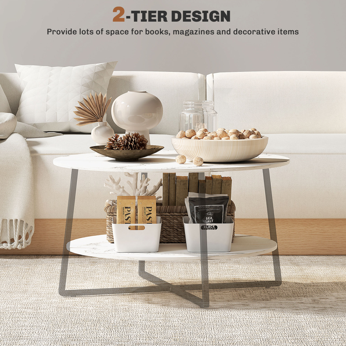White marble effect round coffee table with storage shelf by HOMCOM, showcasing a modern design and functional storage space.