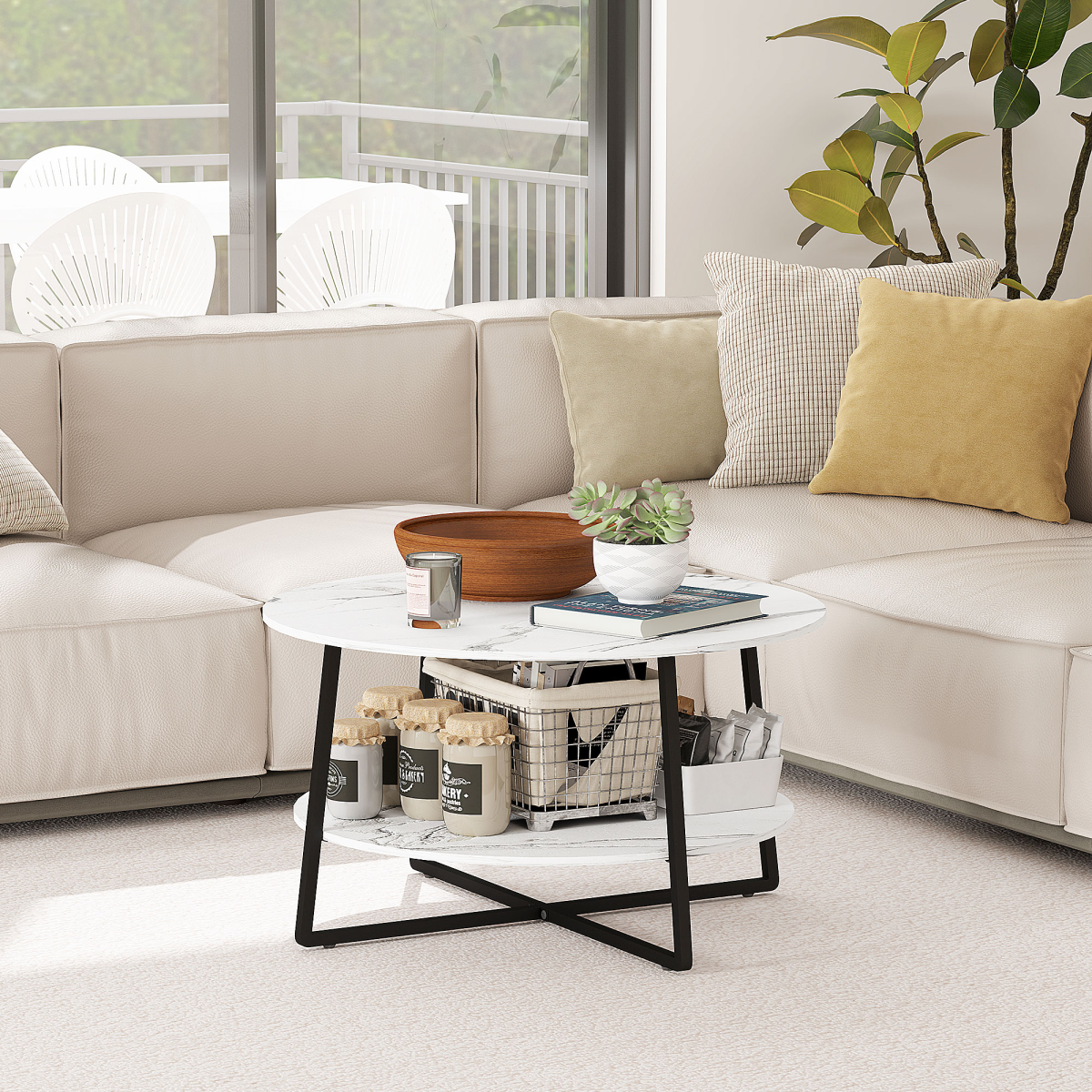 HOMCOM round coffee table with storage shelf, featuring a white marble effect surface and modern design for living room decor.