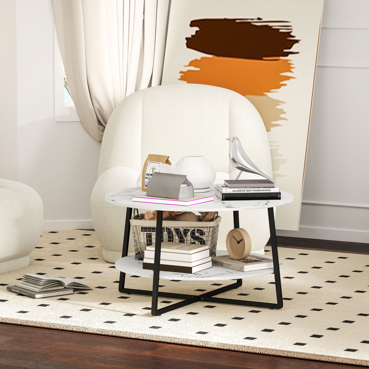 HOMCOM round coffee table with marble effect white surface and storage shelf, modern living room furniture piece