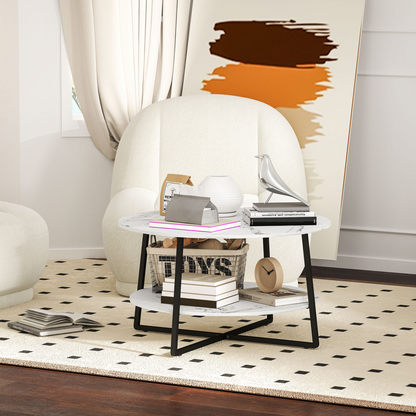 HOMCOM round coffee table with marble effect white surface and storage shelf, modern living room furniture piece