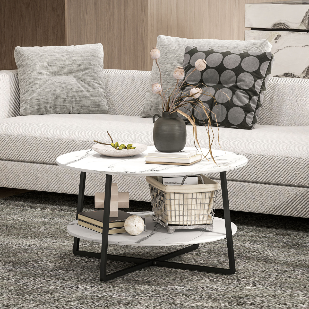 Homcom round coffee table with storage shelf featuring a marble effect white finish and modern design.