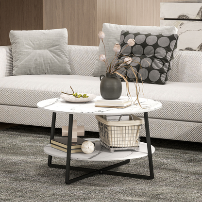 Homcom round coffee table with storage shelf featuring a marble effect white finish and modern design.