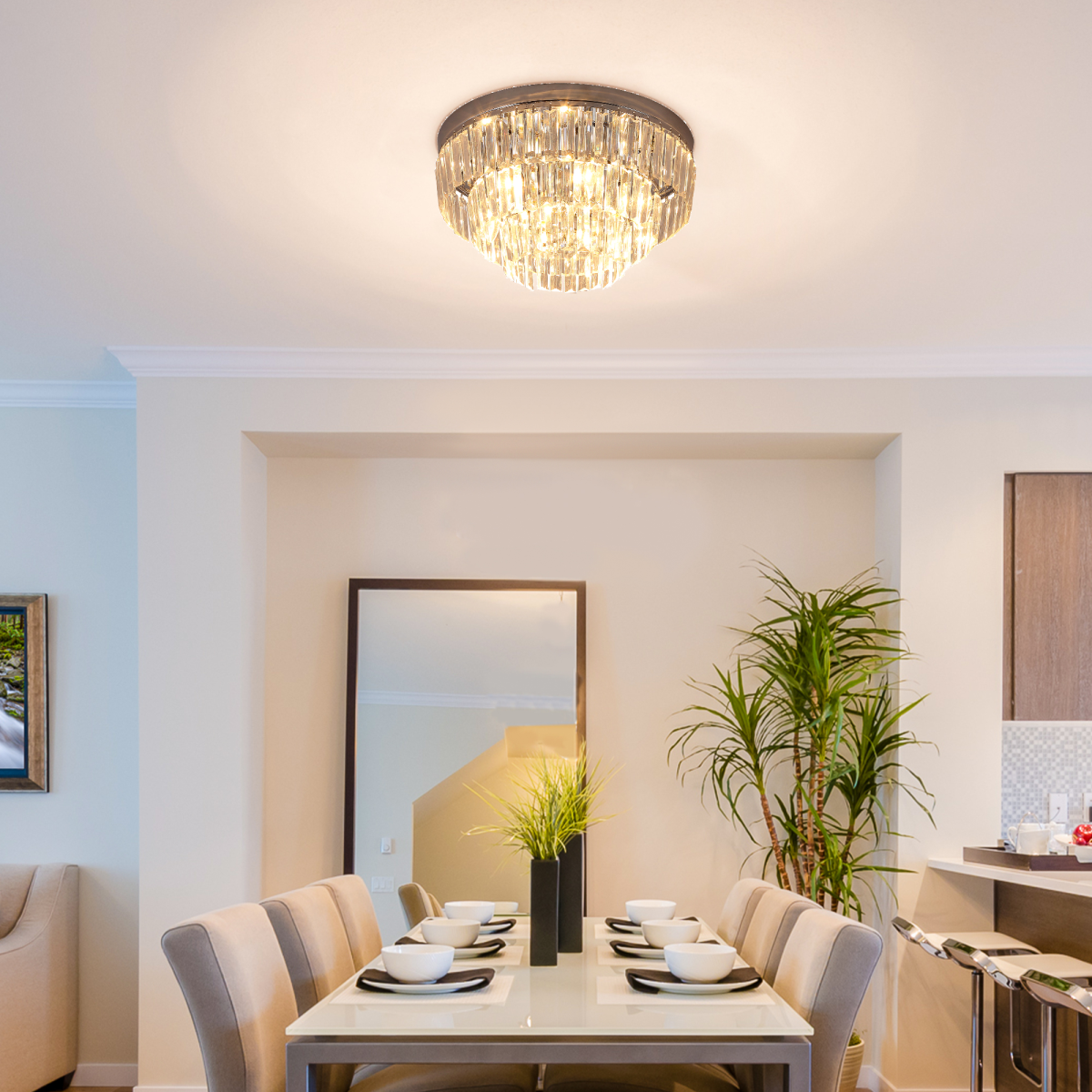 HOMCOM round crystal ceiling lamp with 7 lights chandelier mounted fixture, featuring elegant crystal design and modern style.