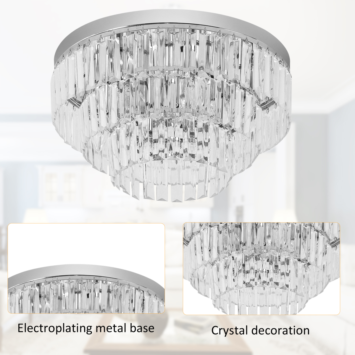 HOMCOM round crystal ceiling lamp with 7 lights and chandelier-style mounted fixture, featuring elegant crystal accents and modern design.