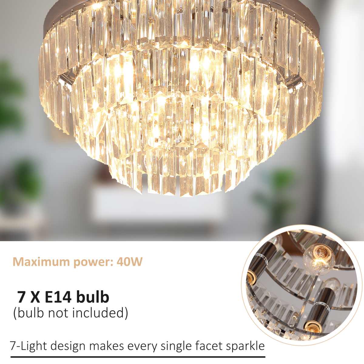 HOMCOM round crystal ceiling lamp with 7 lights, chandelier-style mounted fixture with elegant glass crystals.