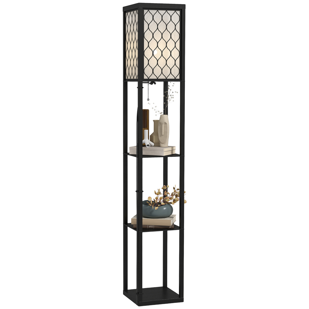 HOMCOM black and white wooden floor lamp with four open shelves, measuring 26L x 26W x 160H cm, in a modern design.