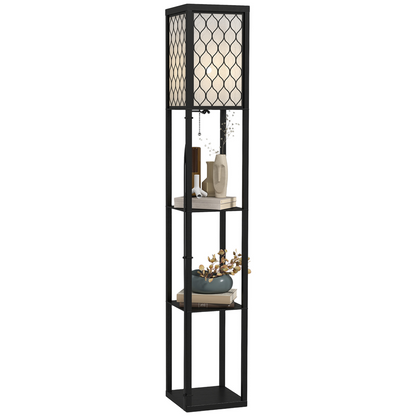 HOMCOM black and white wooden floor lamp with four open shelves, measuring 26L x 26W x 160H cm, in a modern design.