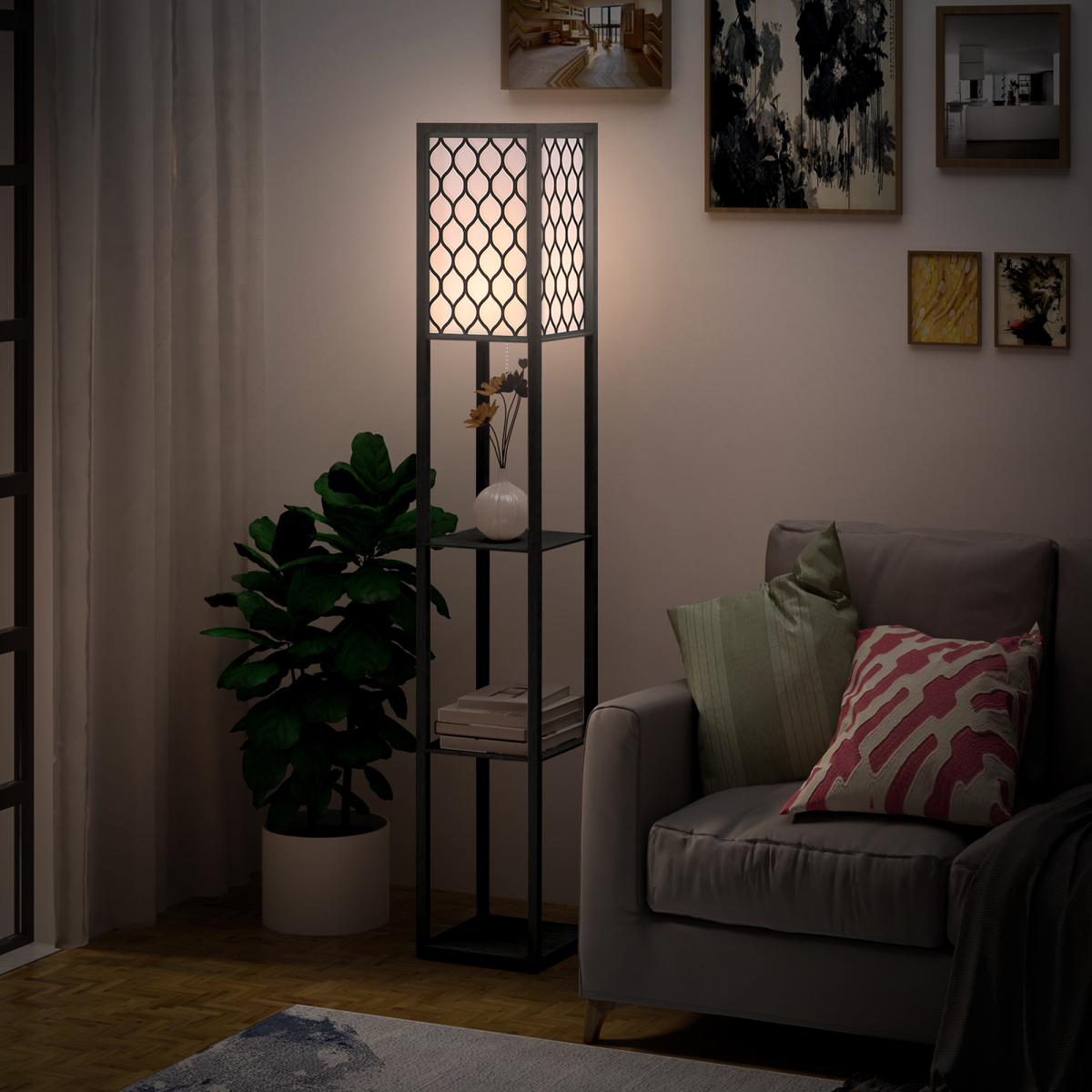 HOMCOM black and white wooden shelf floor lamp with four open shelves, 26x26x160 cm, standing tall with a modern design.
