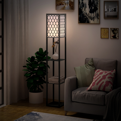 HOMCOM black and white wooden shelf floor lamp with four open shelves, 26x26x160 cm, standing tall with a modern design.