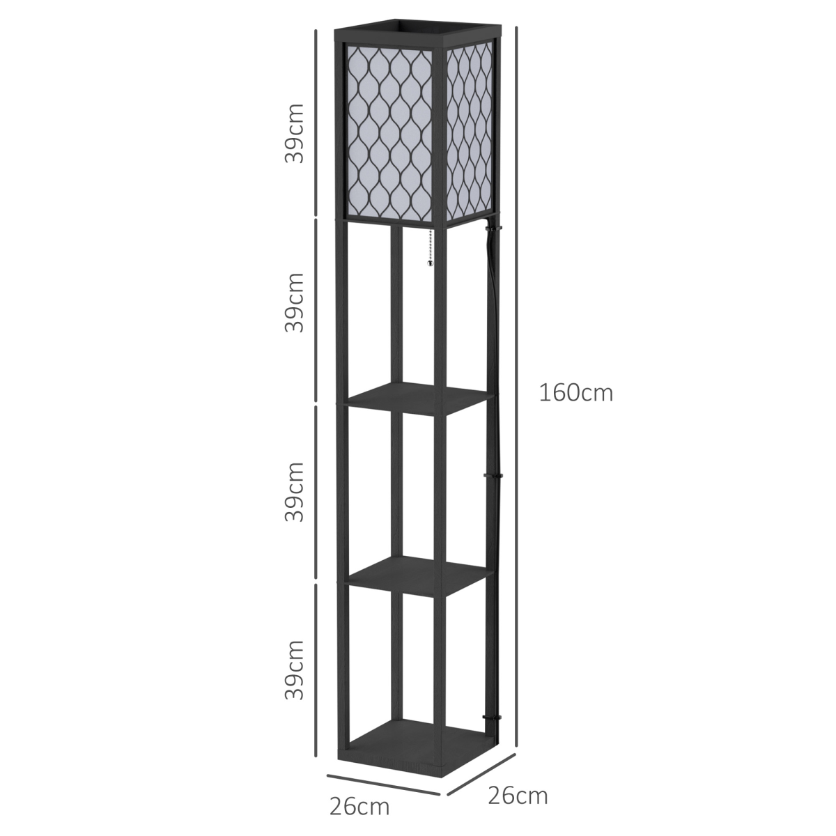 HOMCOM black and white floor lamp with 4 open wooden shelves, 26x26x160cm, modern design and functional storage.