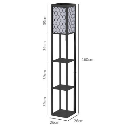HOMCOM black and white floor lamp with 4 open wooden shelves, 26x26x160cm, modern design and functional storage.