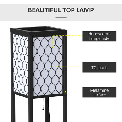 Black and white HOMCOM shelf floor lamp with four open wooden shelves, 26x26x160 cm, modern design for living spaces.