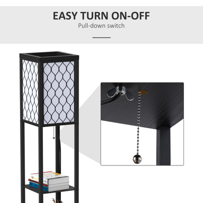 HOMCOM black and white shelf floor lamp with 4 open wooden shelves, 26x26x160 cm, modern design for living room or bedroom.