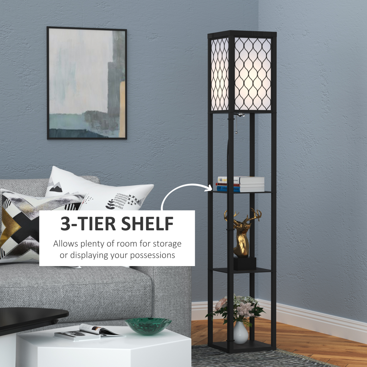 HOMCOM shelf floor lamp with 4-tier open wooden shelves, black and white finish, tall 26x26x160 cm design for modern decor.