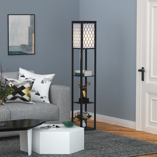 HOMCOM shelf floor lamp with 4 open wooden shelves, black and white finish, tall 160cm height, modern design for living room.