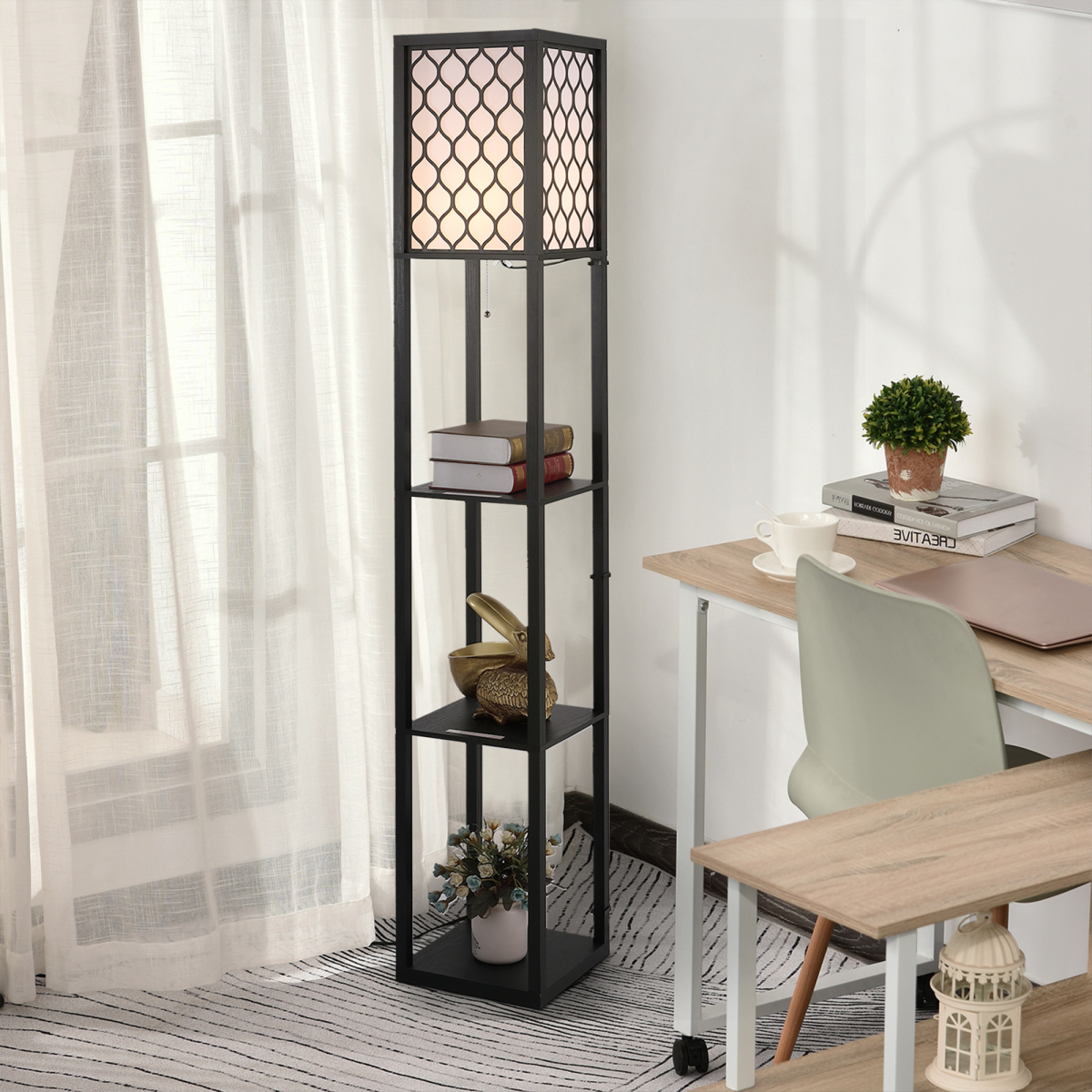 Black and white HOMCOM shelf floor lamp with four open wooden shelves, measuring 26L x 26W x 160H cm, modern design
