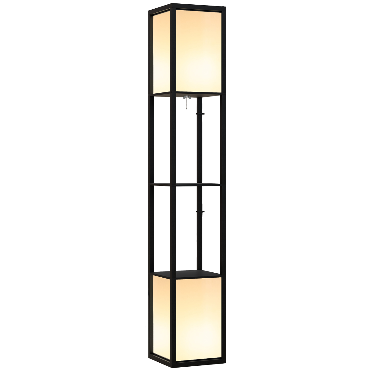 Black HOMCOM shelf floor lamp with dual lights and storage, ideal for living room or bedroom decor and lighting.