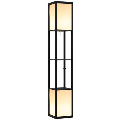 Black HOMCOM shelf floor lamp with dual lights and storage, ideal for living room or bedroom decor and lighting.