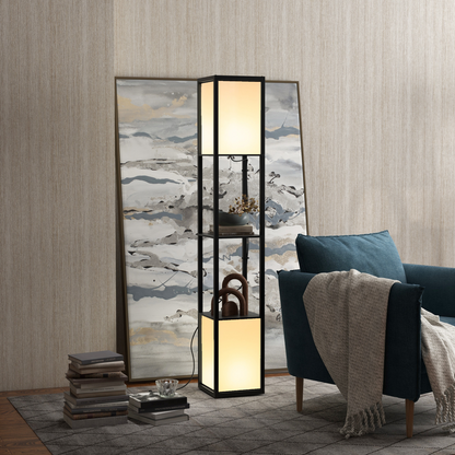 Black HOMCOM shelf floor lamp with dual lights and storage, ideal for living room and bedroom decor.