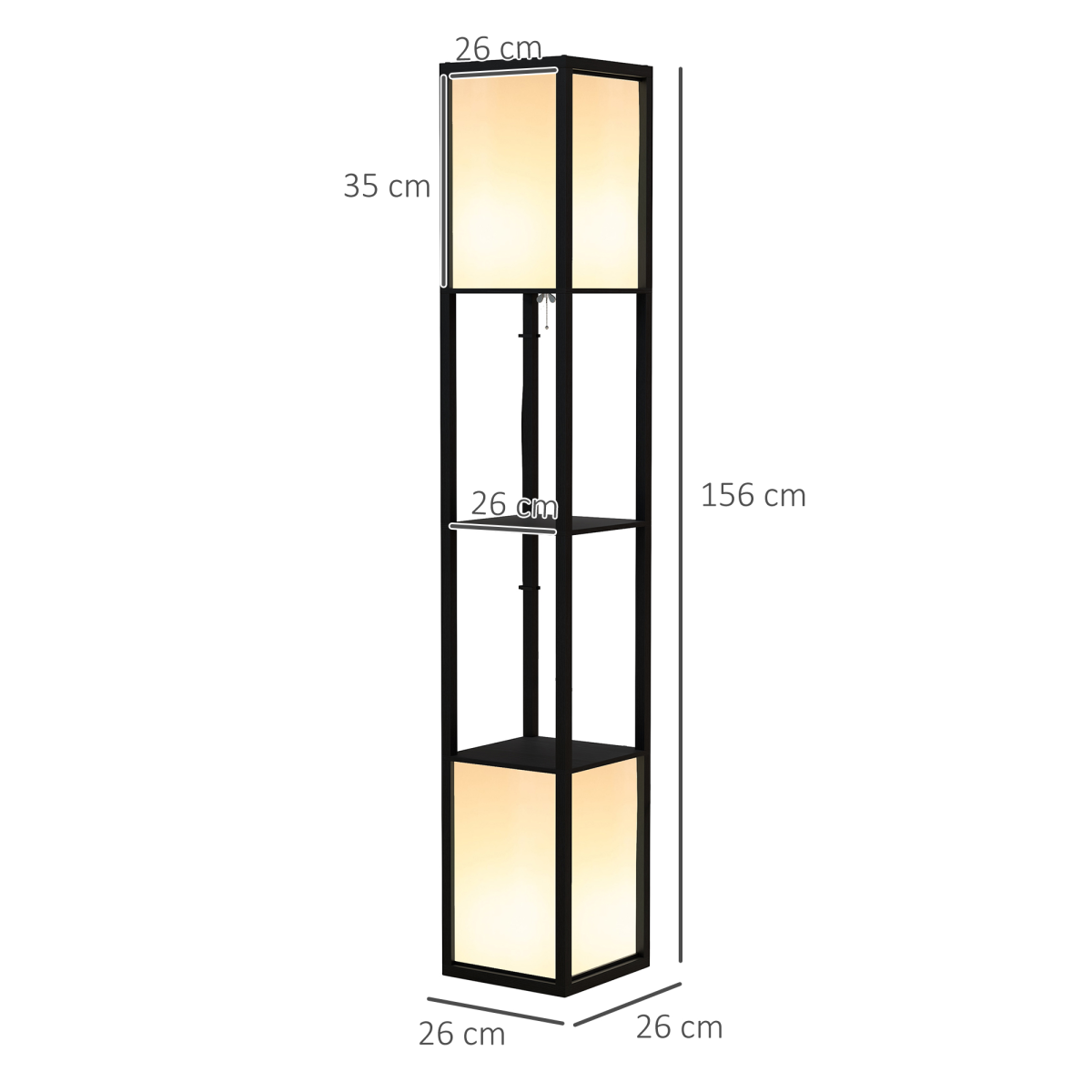 Black HOMCOM shelf floor lamp with dual lights and storage shelf, ideal for living room or bedroom decor.