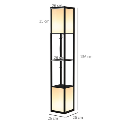 Black HOMCOM shelf floor lamp with dual lights and storage shelf, ideal for living room or bedroom decor.