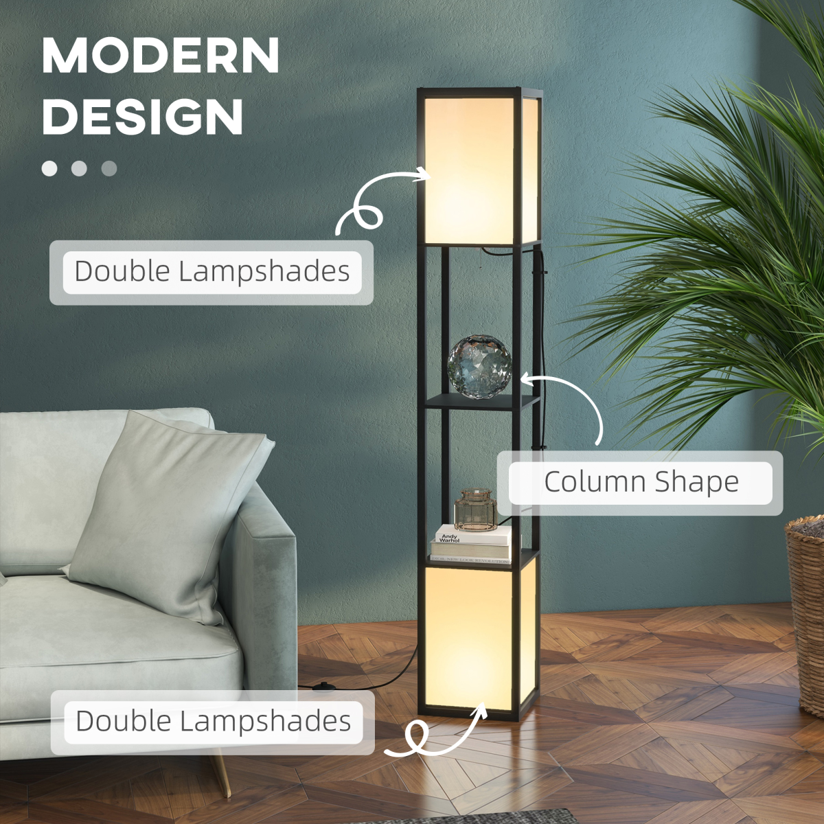 Black HOMCOM shelf floor lamp with dual lights and storage shelf, ideal for living room or bedroom decor.