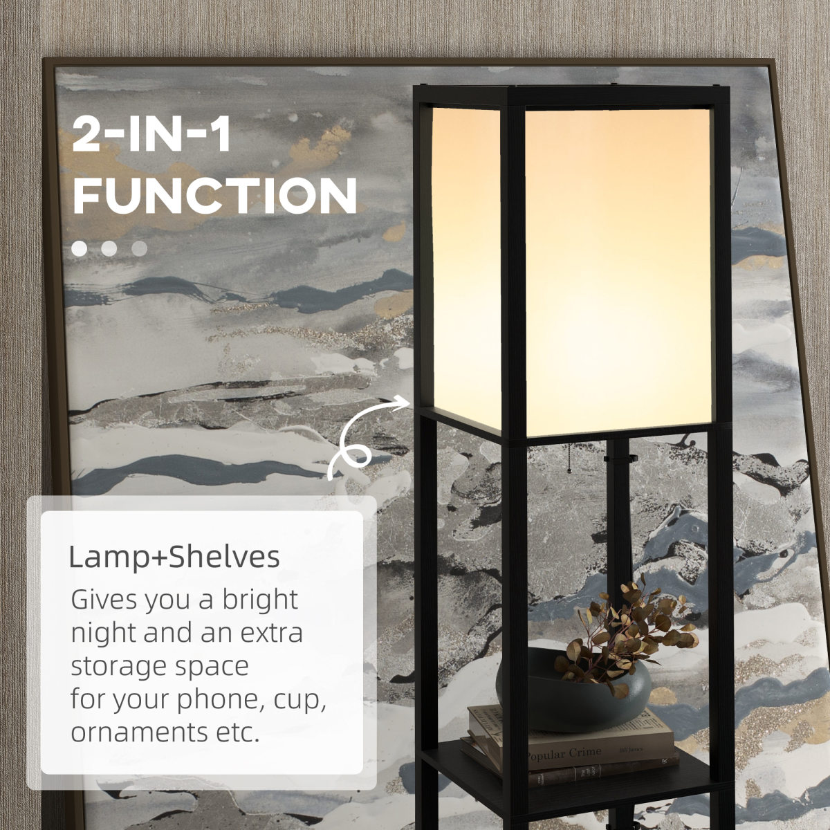 HOMCOM black shelf floor lamp with dual lights and storage for living room or bedroom, modern design and functional lighting.