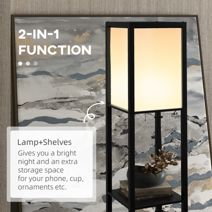 HOMCOM black shelf floor lamp with dual lights and storage for living room or bedroom, modern design and functional lighting.