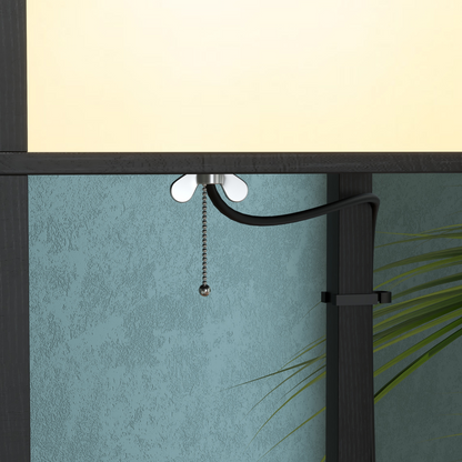 Black HOMCOM shelf floor lamp with dual lights and storage shelves, ideal for living room or bedroom decor.