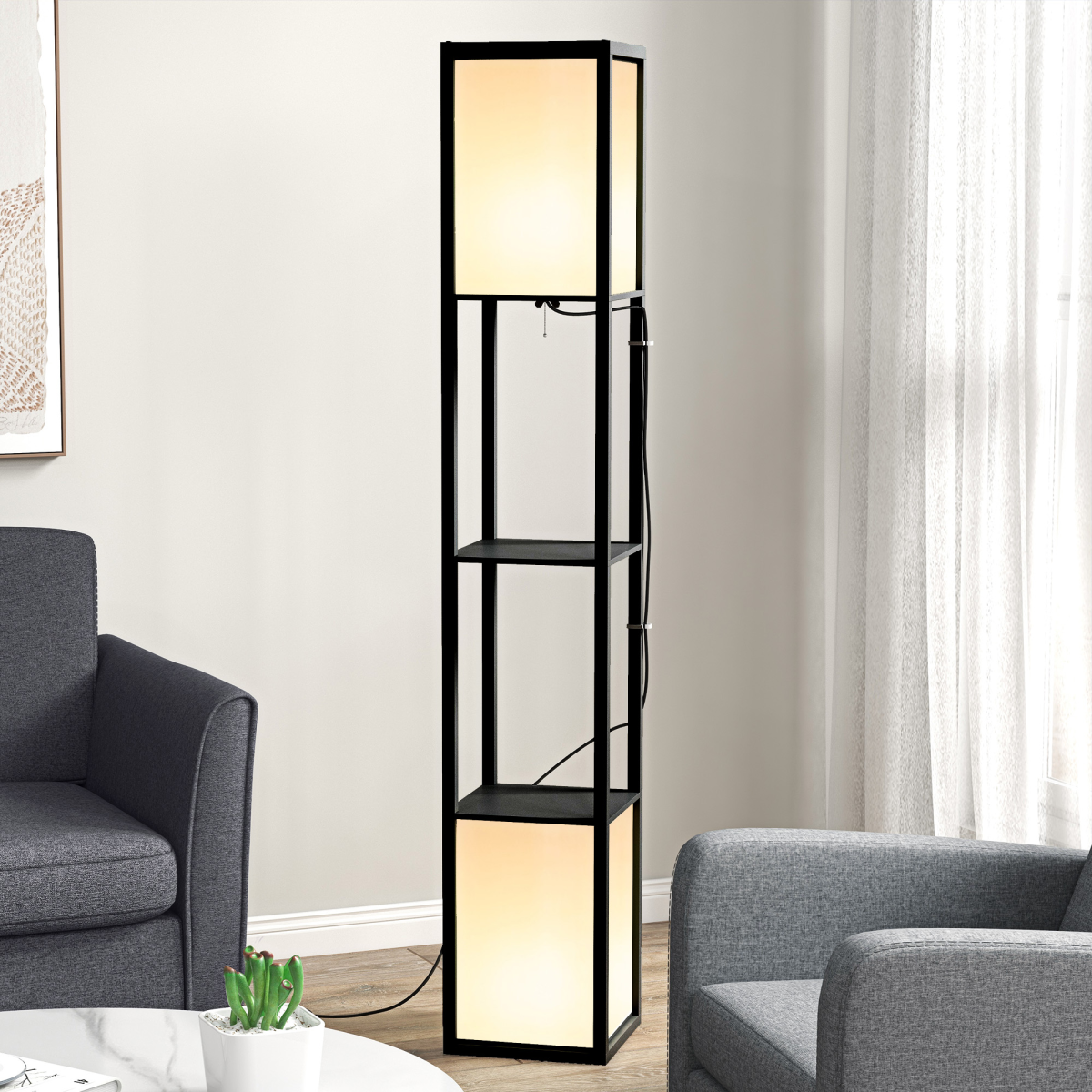HOMCOM black shelf floor lamp with dual lights and storage, ideal for living room or bedroom decor.