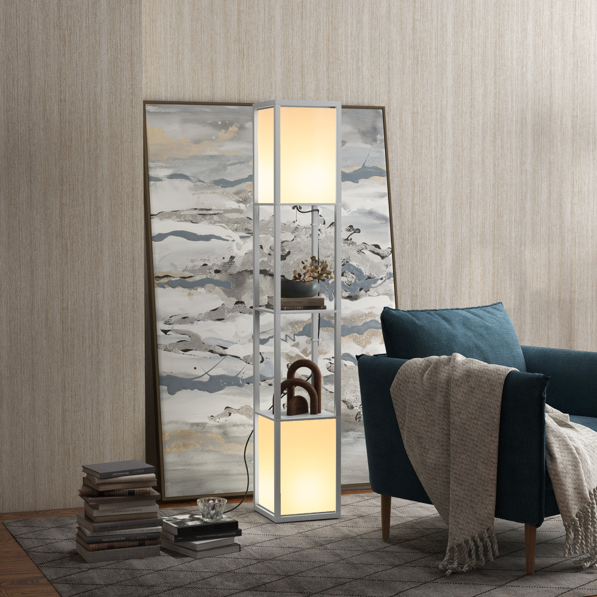 HOMCOM shelf floor lamp with dual adjustable lights, ideal for living room or bedroom, featuring modern design and wood accents.