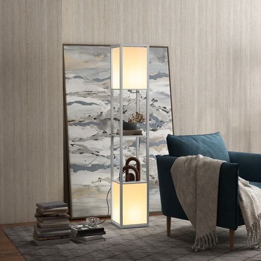 HOMCOM shelf floor lamp with dual adjustable lights, ideal for living room or bedroom, featuring modern design and wood accents.