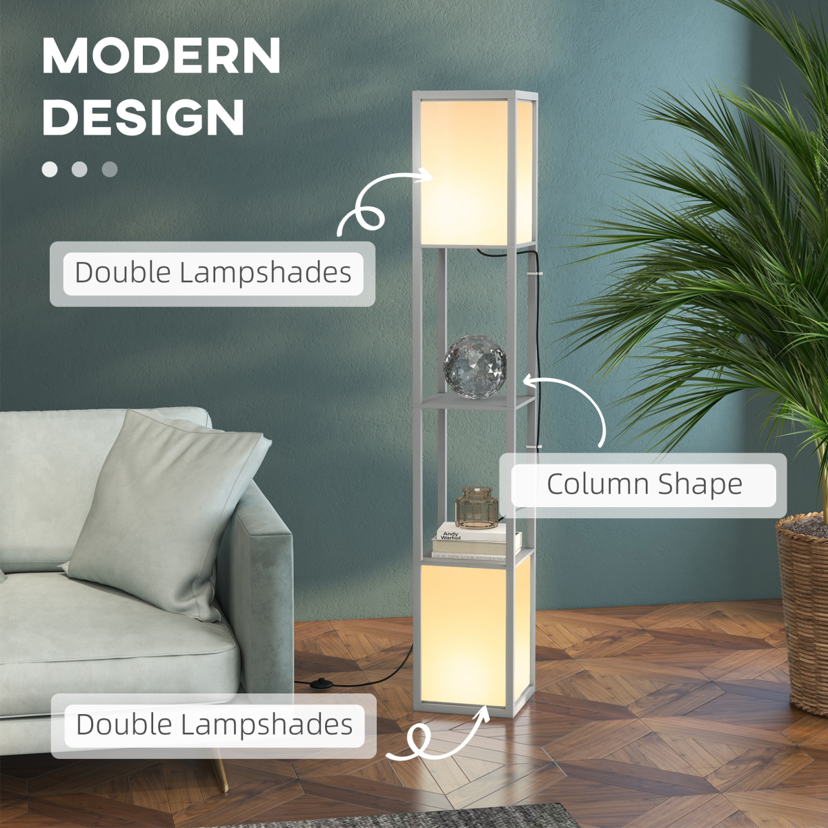 HOMCOM shelf floor lamp with dual lights, ideal for living room or bedroom, featuring modern design and adjustable lighting.