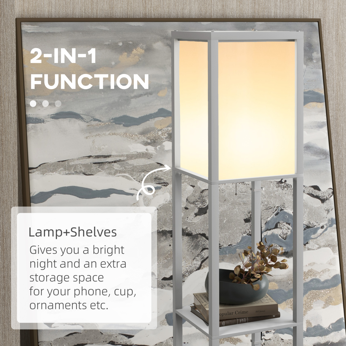 HOMCOM shelf floor lamp with dual lights, ideal for living room or bedroom, featuring modern design and adjustable lighting.