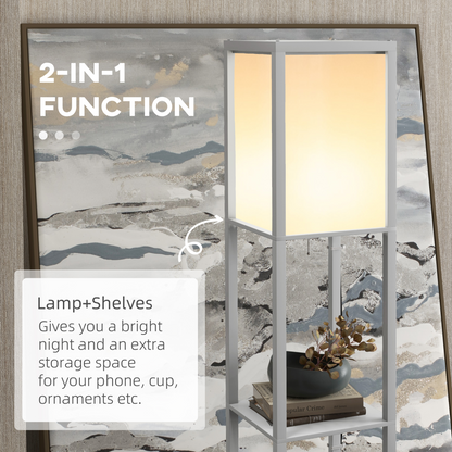 HOMCOM shelf floor lamp with dual lights, ideal for living room or bedroom, featuring modern design and adjustable lighting.
