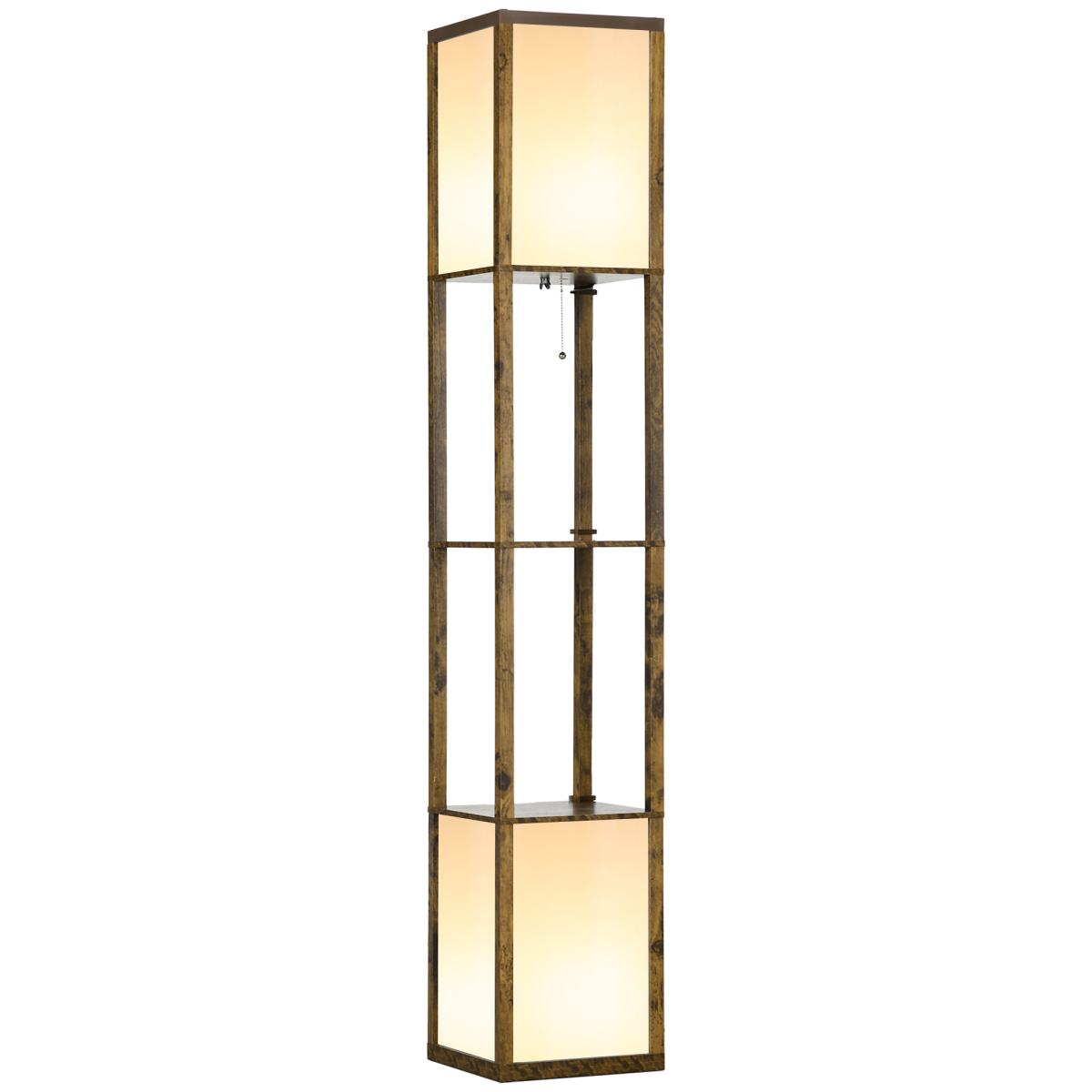 HOMCOM shelf floor lamp with dual lights and wooden storage compartments, suitable for living room or bedroom decor.