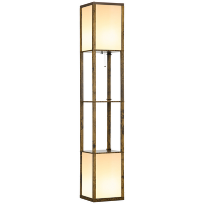 HOMCOM shelf floor lamp with dual lights and wooden storage compartments, suitable for living room or bedroom decor.