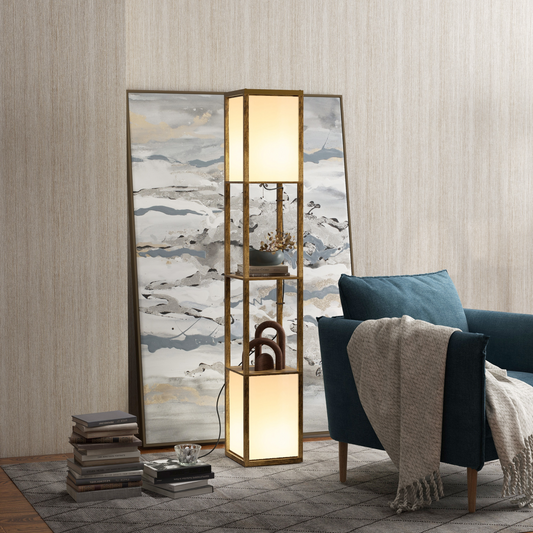 HOMCOM wooden shelf floor lamp with dual lights, suitable for living room or bedroom, featuring built-in storage.