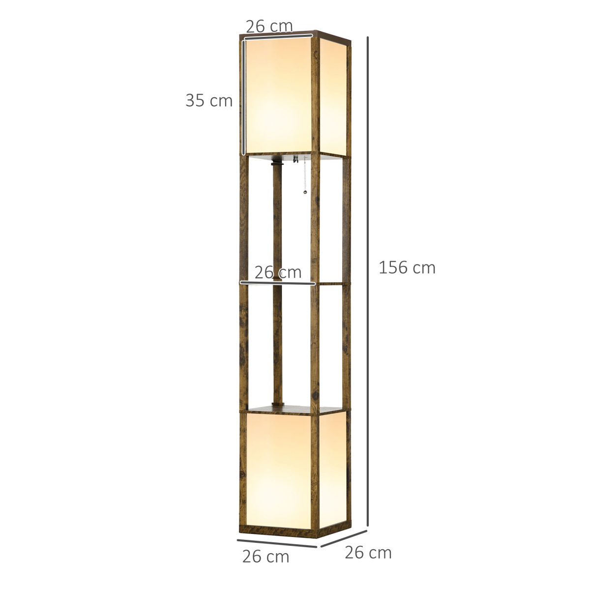 HOMCOM shelf floor lamp with dual lights and wooden storage compartments in a living room setting.