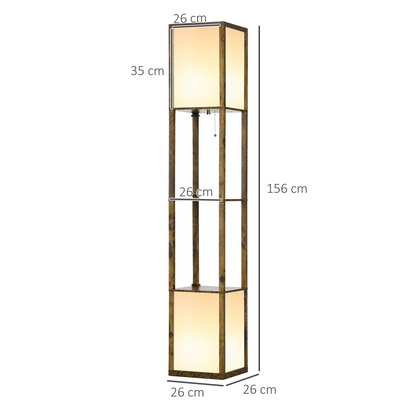 HOMCOM shelf floor lamp with dual lights and wooden storage compartments in a living room setting.