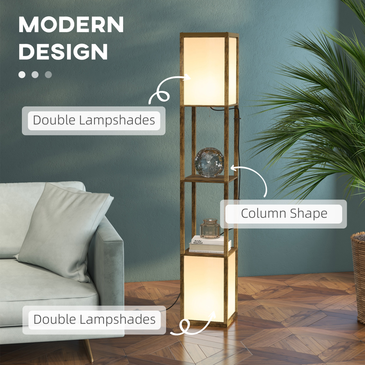 HOMCOM wooden shelf floor lamp with dual lights, suitable for living room or bedroom, featuring built-in storage and modern design.